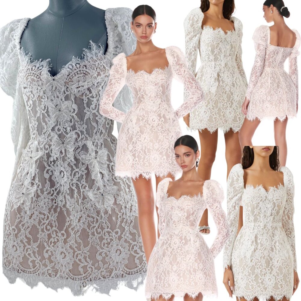 🆕 BRONX & BANCO 🧿 NWOT Colette Lace Long Sleeve Mini Dress, White Sz L / US 8